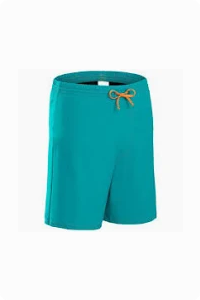 Turquoise mens swim shorts with orange string tie at waist